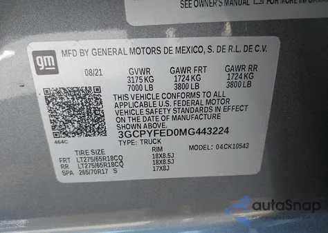 2021 Chevrolet Silverado 1500 4Wd Short Bed Lt Trail Boss z USA, uszkodzony, nr VIN 3GCPYFED0MG443224